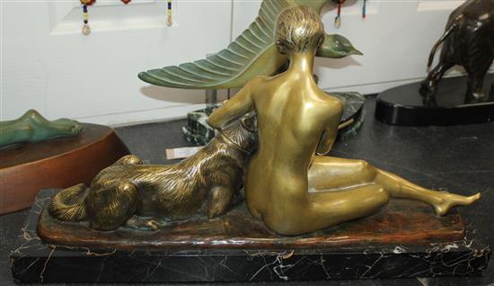 A French Art Deco bronze of a seated nude and dog, 28.5in.